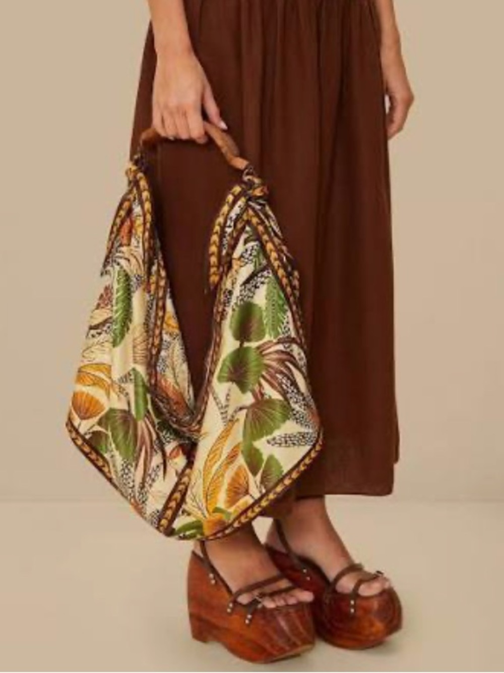 FARM Rio Olive Green Foliage Scarf Tote with Brown Tassels